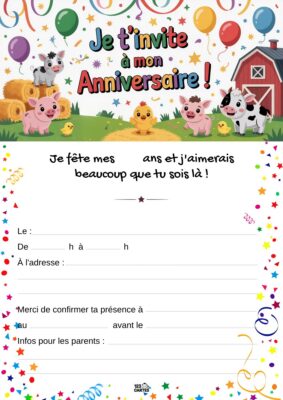 Invitation d'anniversaire sur le thème de la ferme, illustrée avec des animaux comme des cochons, des poules et une grange en arrière-plan.