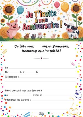 Invitation d'anniversaire sur le thème de la ferme, illustrée avec des animaux comme des cochons, une vache et des éléments festifs.