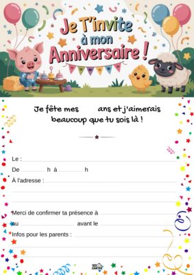 Invitation d'anniversaire sur le thème de la ferme, avec un cochon joyeux, un agneau et une poussine entourés de ballons et de décorations festives.