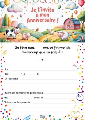 Invitation d'anniversaire sur le thème de la ferme, avec des animaux comme des vaches et des cochons, devant une jolie grange.