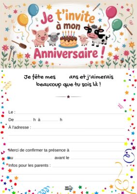 Invitation d'anniversaire sur le thème de la ferme, avec des animaux comme un cochon, une vache et des ballons festifs.