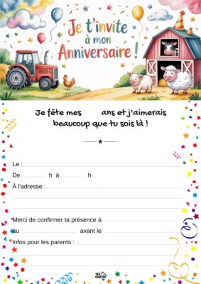 Invitation d'anniversaire sur le thème de la ferme, avec une grange rouge, des animaux comme des vaches et des moutons, et un tracteur.