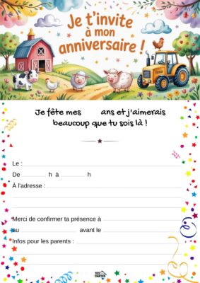 Invitation d'anniversaire sur le thème de la ferme, illustrée avec des animaux comme des vaches, moutons et poules autour d'une grange.