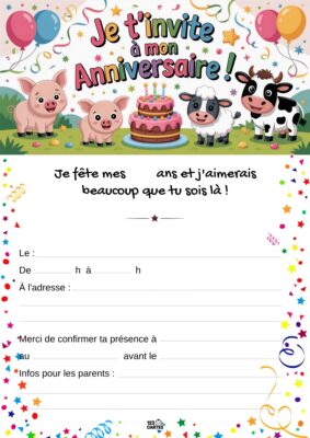 Invitation d'anniversaire sur le thème de la ferme, avec des animaux comme un cochon, une vache et un poulain autour d'un gâteau.