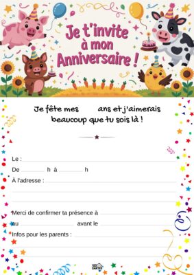 Invitation d'anniversaire sur le thème de la ferme, avec des animaux comme un cochon, une vache et un veau, entourés de fleurs.