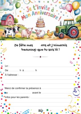 Invitation d'anniversaire sur le thème de la ferme, avec un tracteur, des animaux comme des vaches et des cochons, et un gâteau.