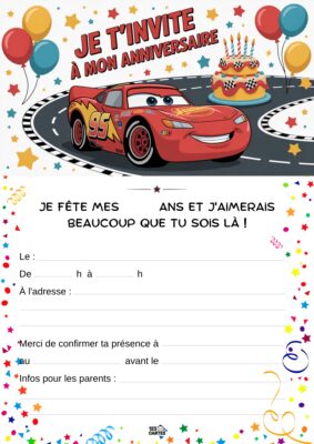 Invitation d'anniversaire avec Lightning McQueen, gâteau, ballons et confettis.