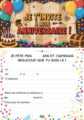 Un fond festif avec des ballons colorés, des confettis, un gâteau d'anniversaire et une carte au trésor.