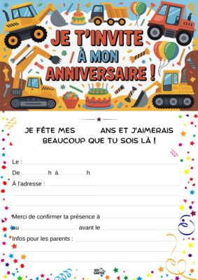 Des camions et véhicules de chantier entourés de ballons, gâteaux et décorations colorées.