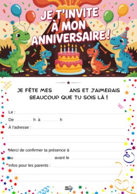 Deux dinosaures colorés entourent un gâteau d'anniversaire avec des ballons et des confettis.