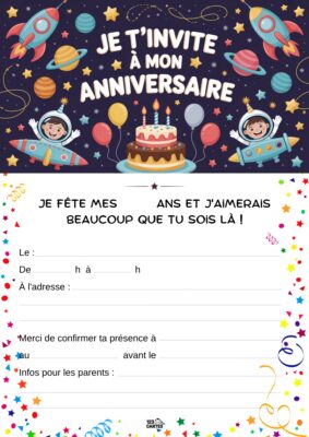 Deux enfants dans des fusées, entourés de planètes colorées et d'étoiles, avec un gâteau d'anniversaire au centre.