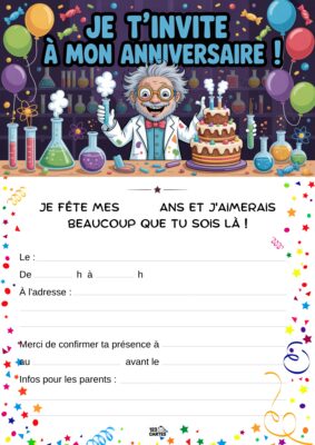 Un scientifique souriant avec des cheveux ébouriffés, entouré de balons et d'une fête d'anniversaire.
