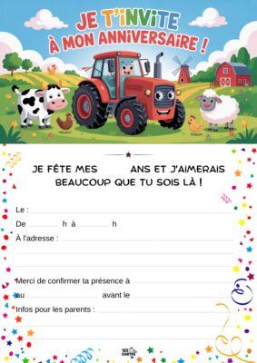 Un tracteur rouge souriant sur un chemin à la campagne, entouré de vaches et de moutons.