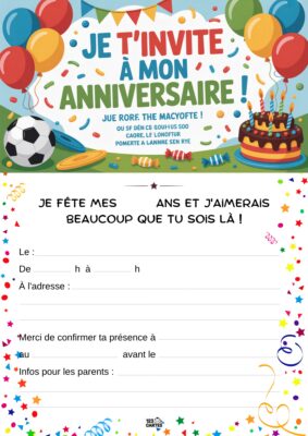 Ballons colorés, un gâteau d'anniversaire, un ballon de football et des éléments décoratifs.