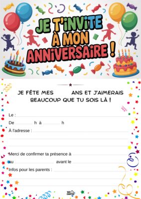 Balloons, confetti, personnages dansants et gâteaux d'anniversaire colorés sur un fond festif.