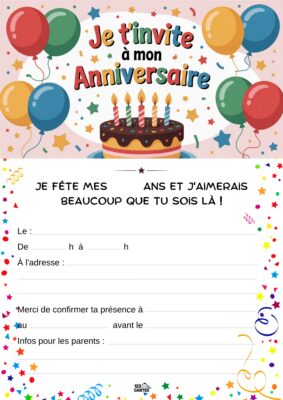 Décor de fête avec un gâteau d'anniversaire, des ballons colorés et des étoiles.