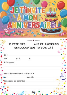 Fond coloré avec des ballons, un gâteau d'anniversaire et des confettis.
