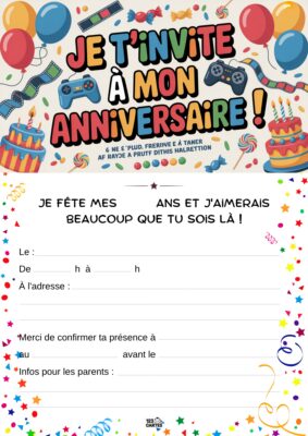 Arrière-plan festif avec des ballons, des confettis et des gâteaux d'anniversaire. Jeux vidéo illustrés au centre.
