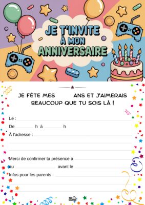 Décor festif avec des ballons, des étoiles, une gâteau d'anniversaire et des manettes de jeu.