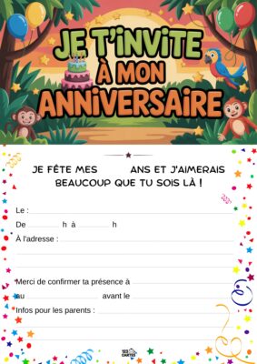 Décor festif avec des ballons, des animaux colorés et un gâteau d'anniversaire entouré de feuillage tropical.