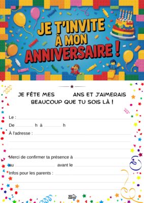 Fête d'anniversaire colorée avec ballons, confettis, un gâteau et des personnages lego joyeux.