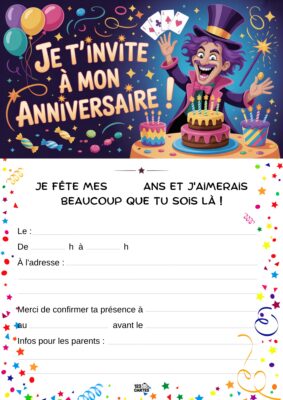 Un magicien joyeux avec un chapeau de fête, tenant des cartes et entouré de décorations festives, gâteaux et ballons.