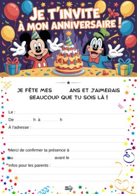 Mickey tenant un gâteau d'anniversaire décoré, entouré de ballons et de confettis colorés.