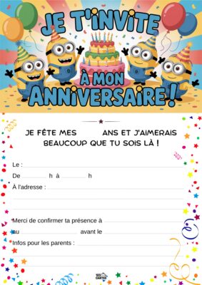 Minions souriants entourant un gâteau d'anniversaire coloré, décorés de ballons et de confettis.