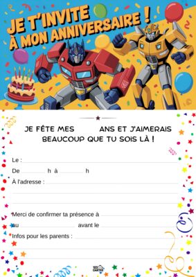 Optimus prime et bumblebee des transformers se tiennent côte à côte, entourés de confettis et de ballons.