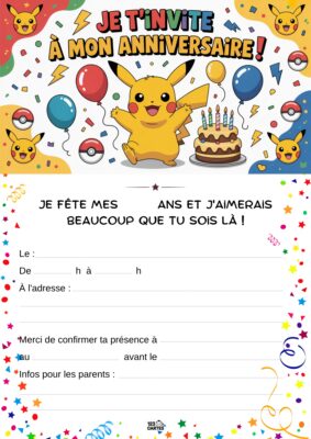 Pikachu souriant entouré de ballons colorés et d'étoiles, avec un gâteau d'anniversaire en arrière-plan.