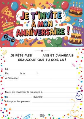 Décor coloré avec des ballons, des gâteaux d'anniversaire, des confettis et des éléments festifs.