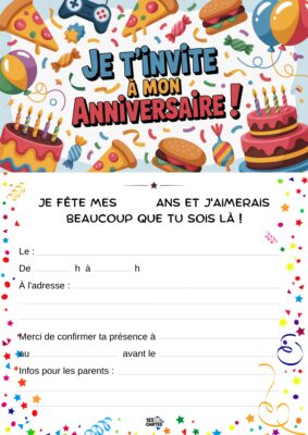 Décor festif avec ballons, gâteaux d'anniversaire, confettis et éléments colorés célébrant une fête.