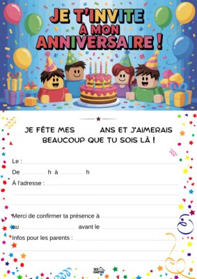 Trois enfants joyeux avec des chapeaux de fête entourent un gâteau d'anniversaire coloré, décoré de ballons et de cadeaux.