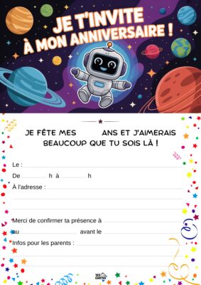 Un robot astronaute souriant flottant dans l'espace, avec des planètes colorées en arrière-plan et des étoiles.