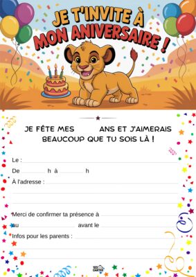 Lionceau souriant devant un gâteau d'anniversaire, décoré de ballons et de confettis.