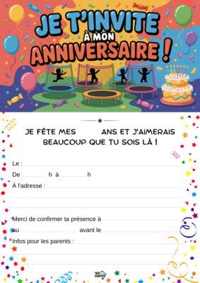 Des silhouettes d'enfants sautant sur des trampolines, un gâteau d'anniversaire, des ballons et des confettis colorés.