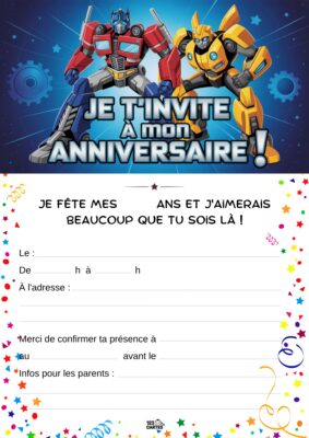 optimus prime et bumblebee, sur un fond étoilé. Décor festif avec des confetti colorés autour.