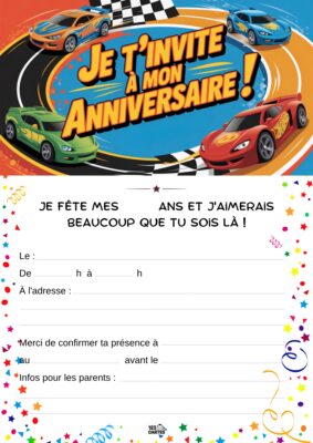 Trois voitures de course colorées sur une piste en spirale, avec des confettis multicolores autour.