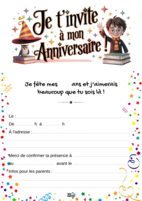 Invitation d'anniversaire avec Harry Potter, portant ses lunettes et une écharpe aux couleurs de Gryffondor, entouré de livres et d'une chouette.