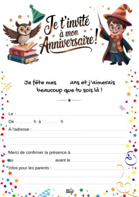 Invitation d'anniversaire sur le thème de Harry Potter, avec Harry en habit de sorcier, tenant une baguette et une chouette.