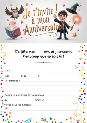 Invitation anniversaire sur le thème de Harry Potter, avec Harry tenant sa baguette magique, un hibou et un livre, entouré d'étoiles.