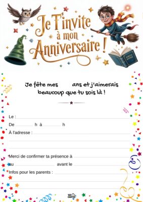 Invitation anniversaire sur le thème de Harry Potter, illustrée avec Harry en vol sur un balai, portant des lunettes et une écharpe.