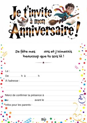 Invitation anniversaire sur le thème de Harry Potter avec un personnage volant sur un balai, portant des lunettes et une écharpe aux couleurs de Gryffondor.