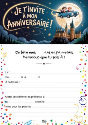 Invitation anniversaire avec Harry Potter volant sur un balai près de Poudlard, sous une lune brillante et des étoiles.
