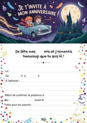 Invitation d'anniversaire sur le thème de Harry Potter, avec Harry et Ron volant dans une voiture magique devant un château sorcier.