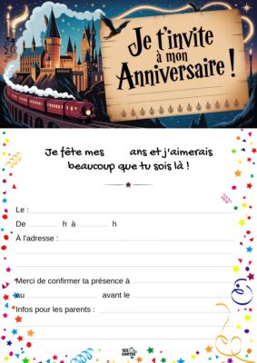 Invitation d'anniversaire sur le thème de Harry Potter, montrant le château de Poudlard et le train sur un fond étoilé.