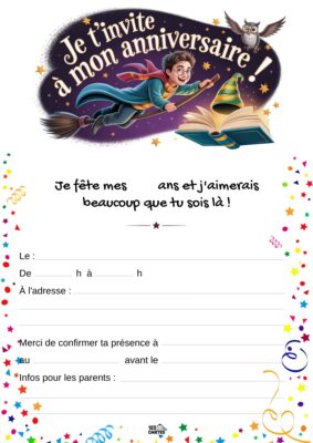 Invitation d'anniversaire sur le thème de Harry Potter, représentant un jeune sorcier avec sa baguette, volant sur un balai.