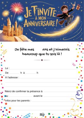 Invitation anniversaire sur le thème de Harry Potter, montrant Harry volant sur son balai avec un château magique en arrière-plan.