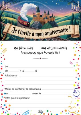 Invitation d'anniversaire sur le thème de Harry Potter, avec le château de Poudlard et le train magique en arrière-plan.