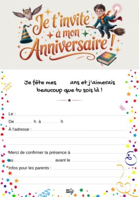Invitation d'anniversaire sur le thème de Harry Potter, avec un jeune sorcier tenant une baguette, un hibou et des chapeaux de sorcier.